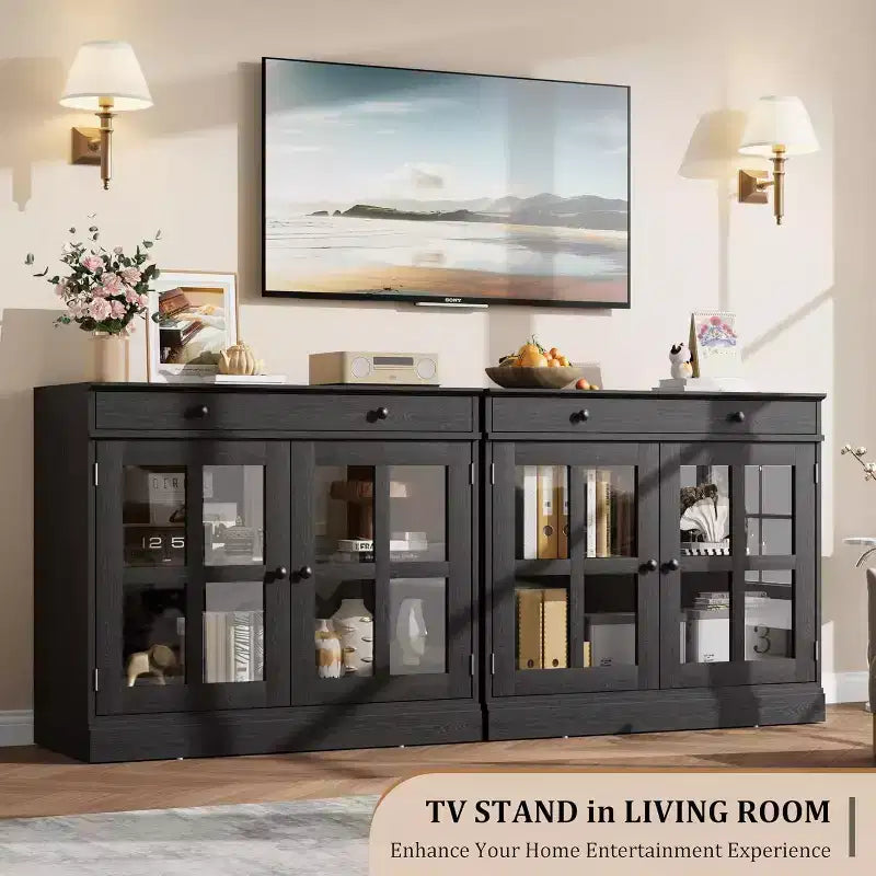 89.9 cm breites Sideboard Buffet-Schrank mit Glastür und Schublade, verstellbarer Aufbewahrungsschrank für Esszimmer, Küche oder Wohnzimmer