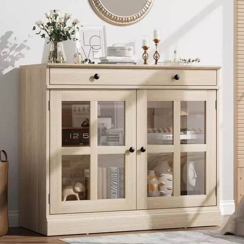 89.9 cm breites Sideboard Buffet-Schrank mit Glastür und Schublade, verstellbarer Aufbewahrungsschrank für Esszimmer, Küche oder Wohnzimmer