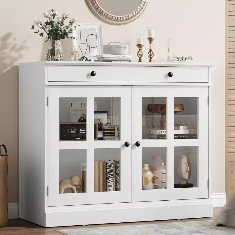 89.9 cm breites Sideboard Buffet-Schrank mit Glastür und Schublade, verstellbarer Aufbewahrungsschrank für Esszimmer, Küche oder Wohnzimmer