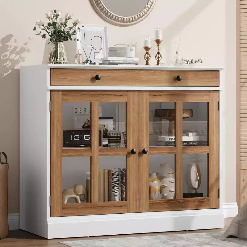 89.9 cm breites Sideboard Buffet-Schrank mit Glastür und Schublade, verstellbarer Aufbewahrungsschrank für Esszimmer, Küche oder Wohnzimmer