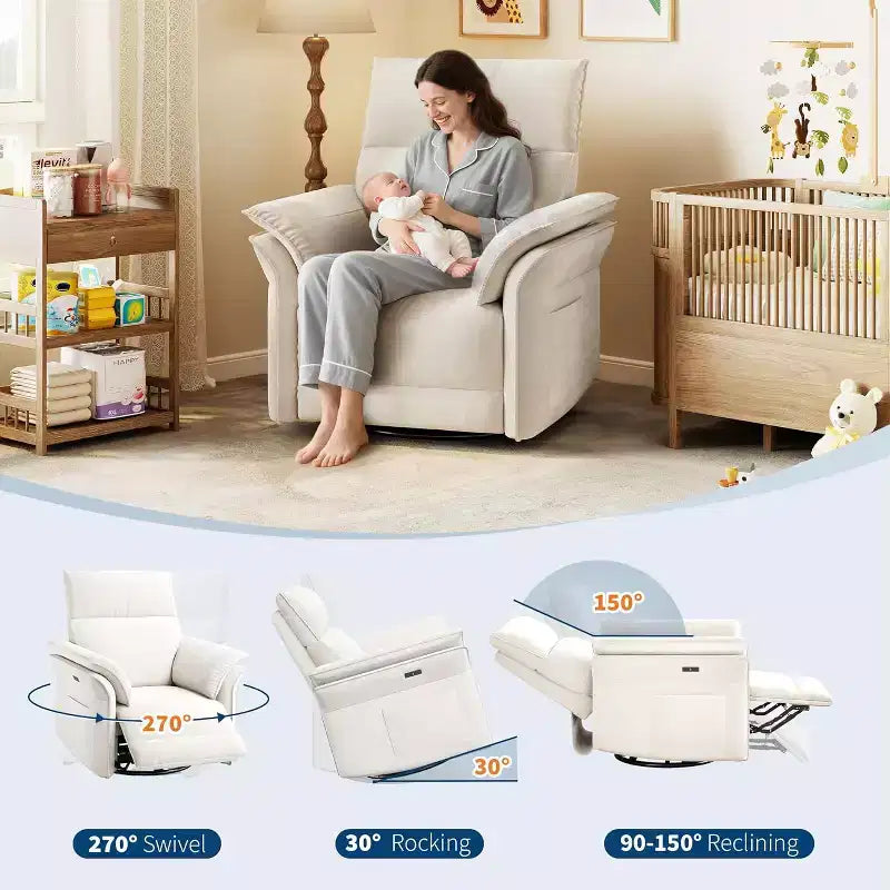 Elektrischer Relaxsessel mit USB-Anschluss, um 270° drehbarer Schaukelstuhl mit breiter Sitzfläche und Chenille-Stoff, für Wohnzimmer oder Kinderzimmer