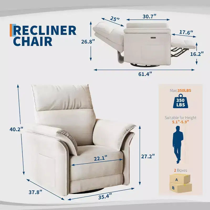 Elektrischer Relaxsessel mit USB-Anschluss, um 270° drehbarer Schaukelstuhl mit breiter Sitzfläche und Chenille-Stoff, für Wohnzimmer oder Kinderzimmer