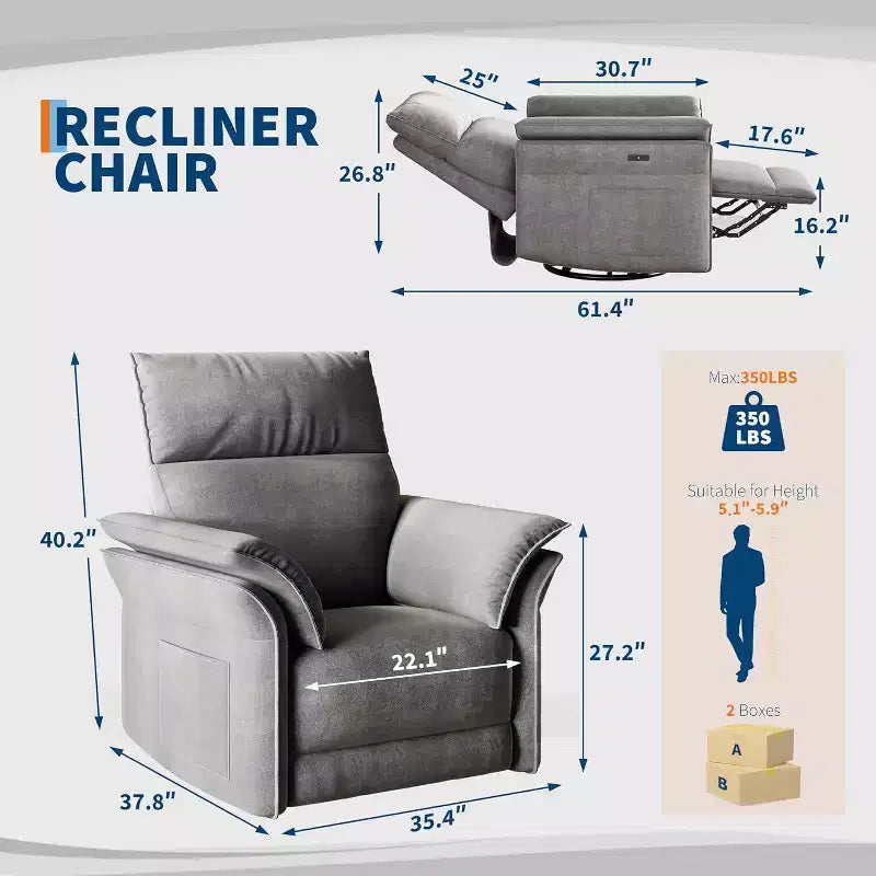 Elektrischer Relaxsessel mit USB-Anschluss, um 270° drehbarer Schaukelstuhl mit breiter Sitzfläche und Chenille-Stoff, für Wohnzimmer oder Kinderzimmer