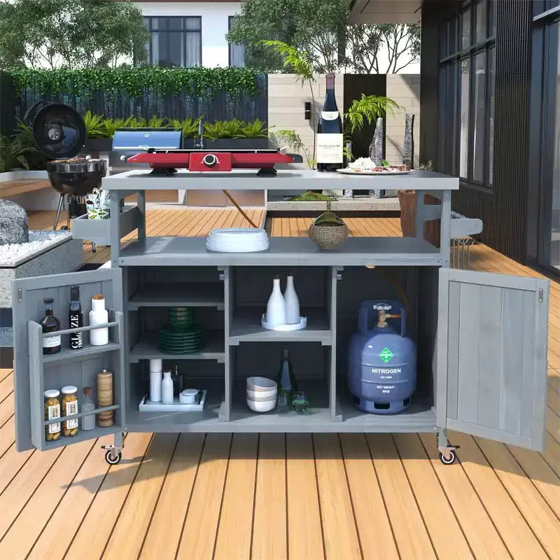 Tragbarer Grillwagen mit Stauraum, wasserdichte HDPE BBQ-Vorbereitungstheke mit 304er Edelstahlplatte, für jedes Wetter, Campingwagen mit Rädern