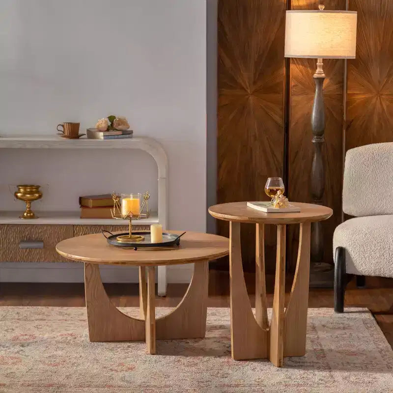 31,1 Zoll runder Couchtisch aus Holz, Couchtisch aus Eiche Natur mit ausgeschnittenem Sockel für Wohnzimmer im Landhausstil
