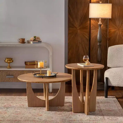 31,1 Zoll runder Couchtisch aus Holz, Couchtisch aus Eiche Natur mit ausgeschnittenem Sockel für Wohnzimmer im Landhausstil