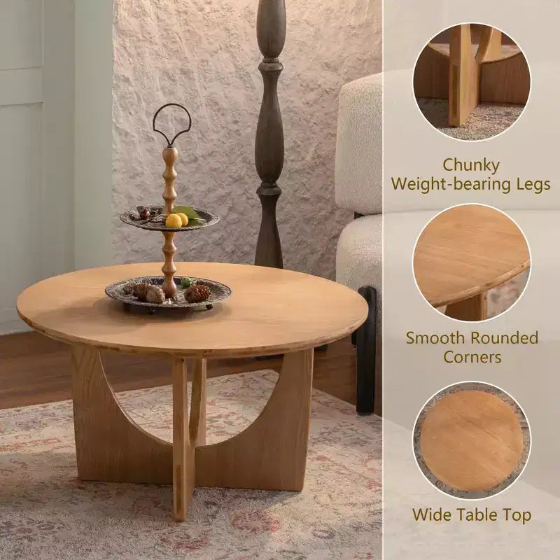 31,1 Zoll runder Couchtisch aus Holz, Couchtisch aus Eiche Natur mit ausgeschnittenem Sockel für Wohnzimmer im Landhausstil