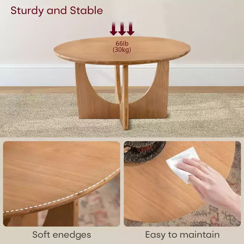 31,1 Zoll runder Couchtisch aus Holz, Couchtisch aus Eiche Natur mit ausgeschnittenem Sockel für Wohnzimmer im Landhausstil