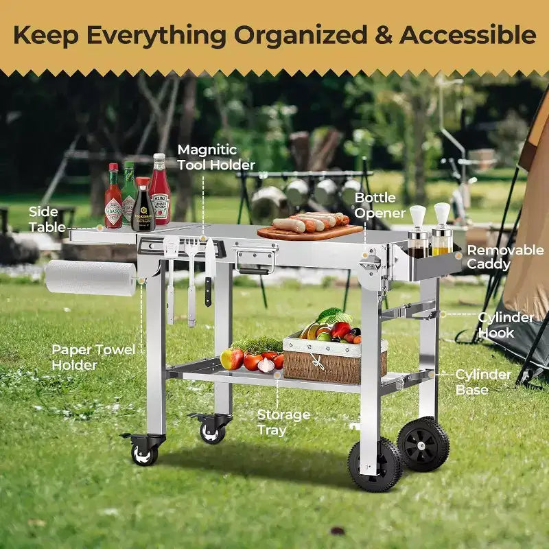 Tragbarer klappbarer Grill- und Vorbereitungstisch mit Rollen, Edelstahl-Grillständer für Camping, Tailgating und Outdoor-Kochen, rollbarer Esstischwagen
