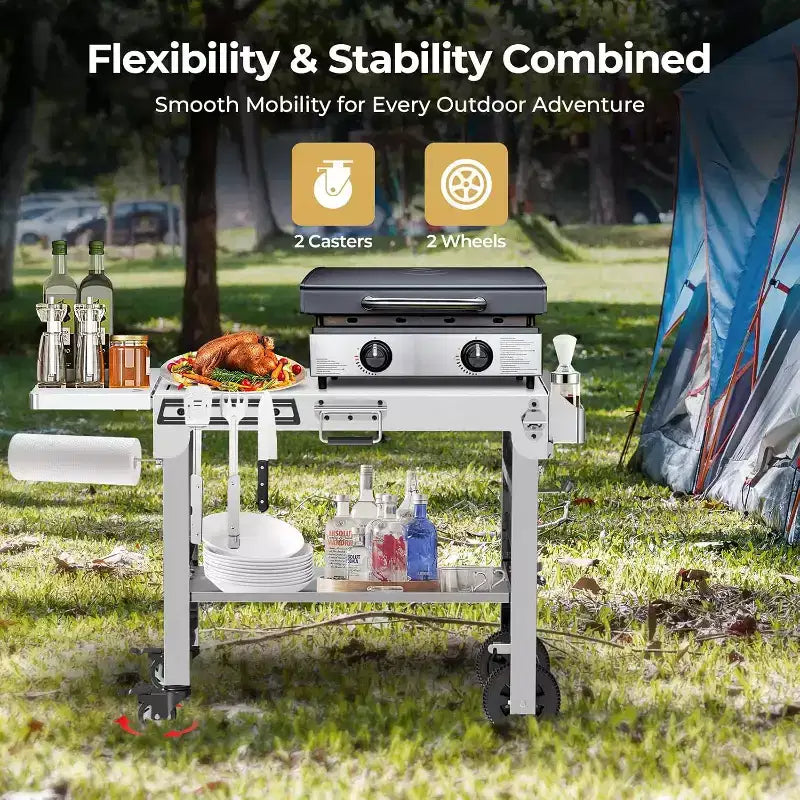 Tragbarer klappbarer Grill- und Vorbereitungstisch mit Rollen, Edelstahl-Grillständer für Camping, Tailgating und Outdoor-Kochen, rollbarer Esstischwagen