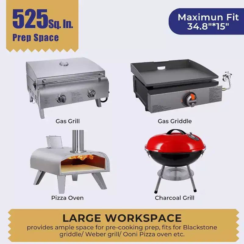 Tragbarer klappbarer Grill- und Vorbereitungstisch mit Rollen, Edelstahl-Grillständer für Camping, Tailgating und Outdoor-Kochen, rollbarer Esstischwagen