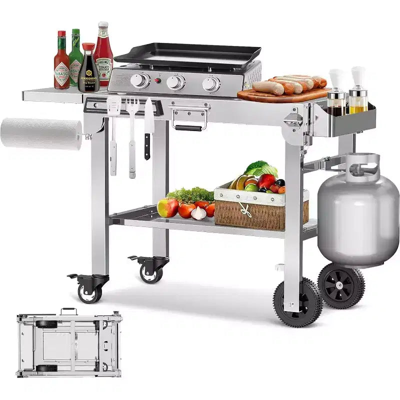 Tragbarer klappbarer Grill- und Vorbereitungstisch mit Rollen, Edelstahl-Grillständer für Camping, Tailgating und Outdoor-Kochen, rollbarer Esstischwagen