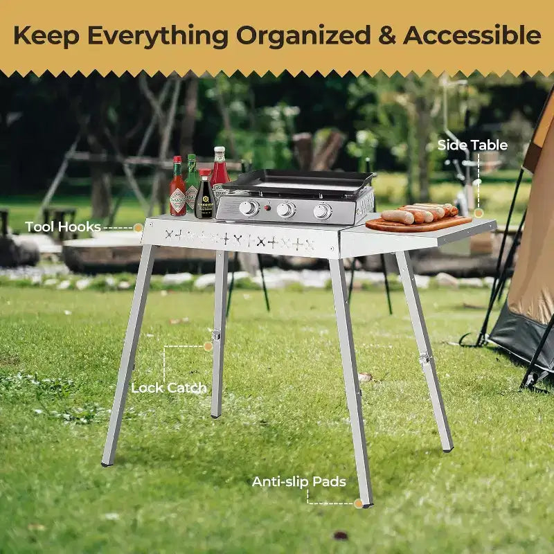 Tragbarer klappbarer Grill- und Vorbereitungstisch mit Rollen, Edelstahl-Grillständer für Camping, Tailgating und Outdoor-Kochen, rollbarer Esstischwagen