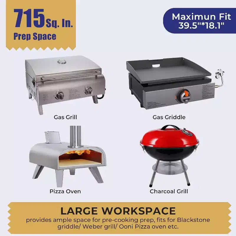 Tragbarer klappbarer Grill- und Vorbereitungstisch mit Rollen, Edelstahl-Grillständer für Camping, Tailgating und Outdoor-Kochen, rollbarer Esstischwagen