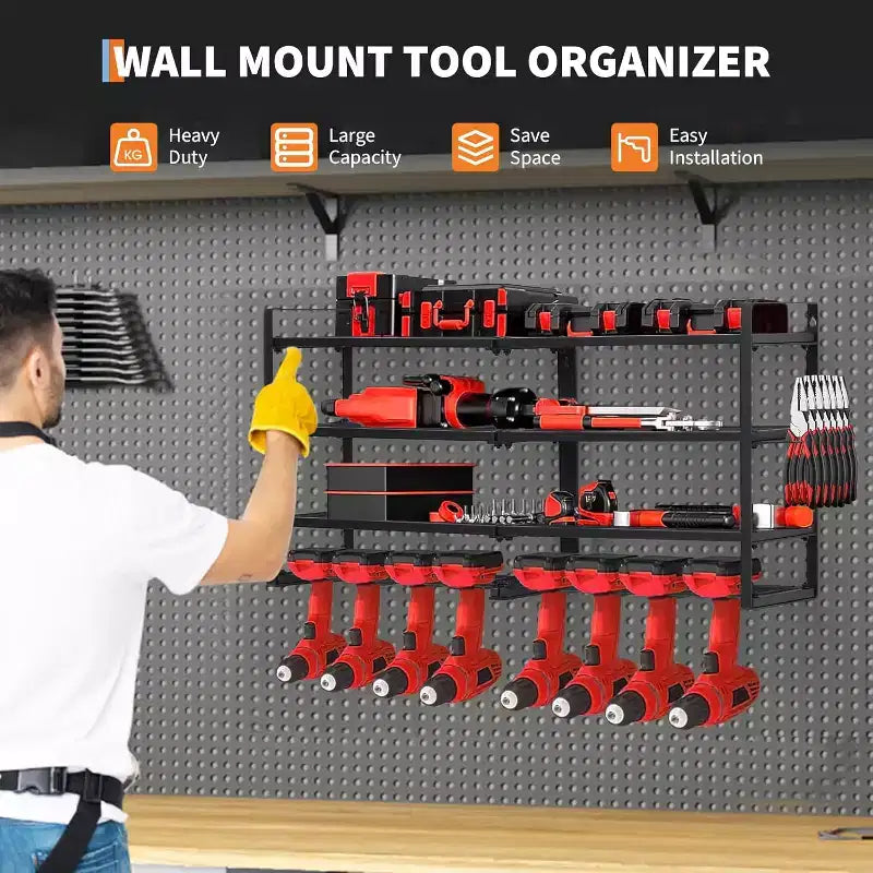 COZONY Hochleistungs-Wandmontage Werkzeug-Organizer-Rack, 4-lagiger Metall-Garagen-Organizer mit 8 Bohrschlitzen & Haken, 240Lb Tragfähigkeit Werkzeug-Organizer für Werkstatt