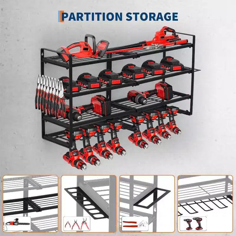 COZONY Hochleistungs-Wandmontage Werkzeug-Organizer-Rack, 4-lagiger Metall-Garagen-Organizer mit 8 Bohrschlitzen & Haken, 240Lb Tragfähigkeit Werkzeug-Organizer für Werkstatt