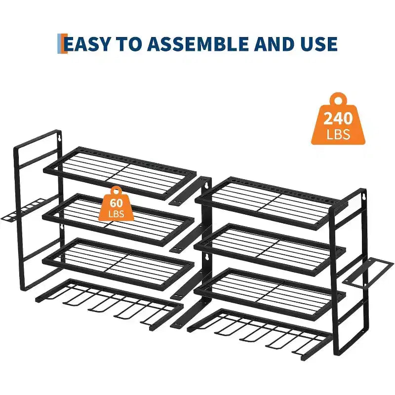 COZONY Hochleistungs-Wandmontage Werkzeug-Organizer-Rack, 4-lagiger Metall-Garagen-Organizer mit 8 Bohrschlitzen & Haken, 240Lb Tragfähigkeit Werkzeug-Organizer für Werkstatt