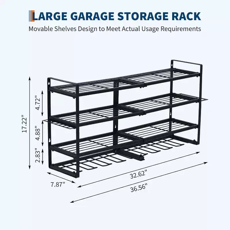 COZONY Hochleistungs-Wandmontage Werkzeug-Organizer-Rack, 4-lagiger Metall-Garagen-Organizer mit 8 Bohrschlitzen & Haken, 240Lb Tragfähigkeit Werkzeug-Organizer für Werkstatt