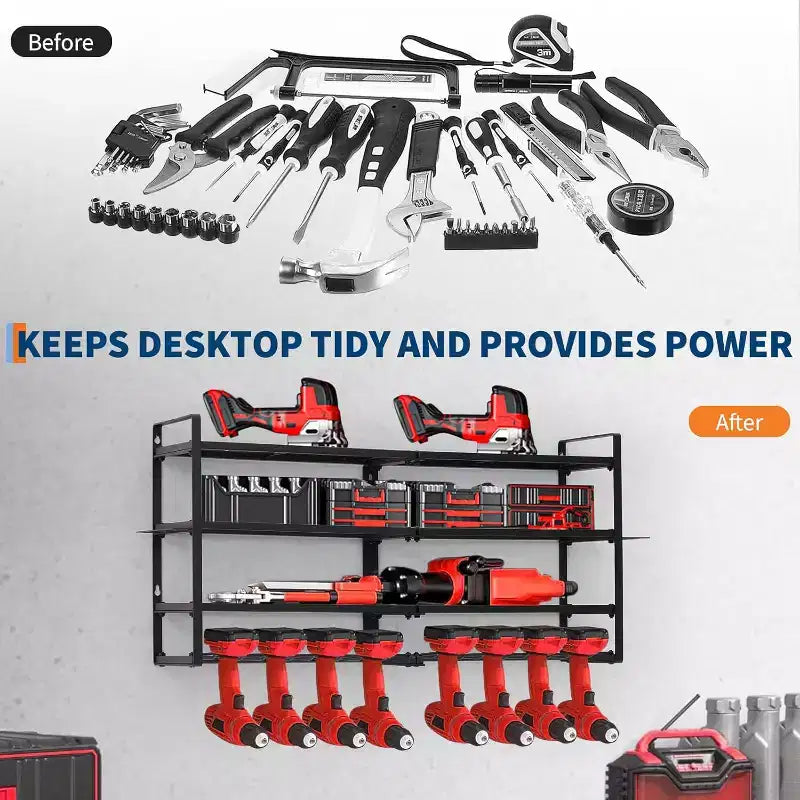 COZONY Hochleistungs-Wandmontage Werkzeug-Organizer-Rack, 4-lagiger Metall-Garagen-Organizer mit 8 Bohrschlitzen & Haken, 240Lb Tragfähigkeit Werkzeug-Organizer für Werkstatt