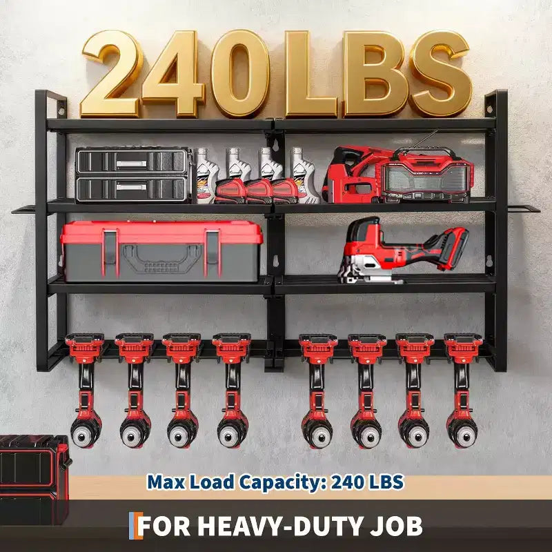 COZONY Hochleistungs-Wandmontage Werkzeug-Organizer-Rack, 4-lagiger Metall-Garagen-Organizer mit 8 Bohrschlitzen & Haken, 240Lb Tragfähigkeit Werkzeug-Organizer für Werkstatt