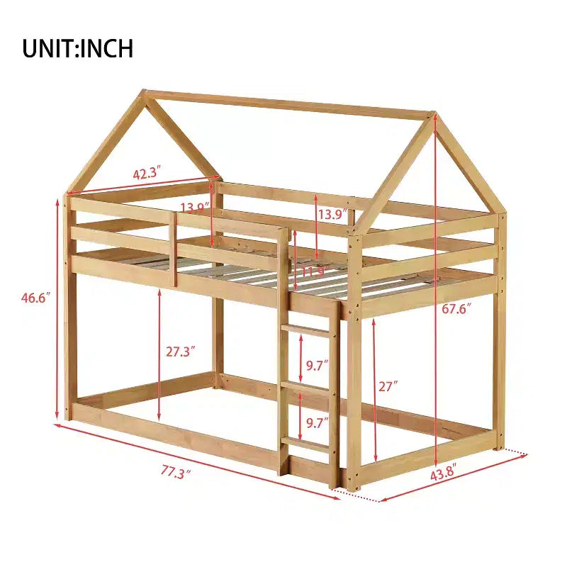 Etagenbett aus Kautschukholz in Hausform mit Leiter und Geländern, Twin-over-Twin, für Kinder