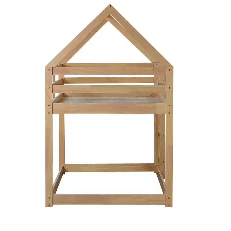 Etagenbett aus Kautschukholz in Hausform mit Leiter und Geländern, Twin-over-Twin, für Kinder