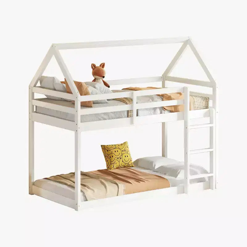 Etagenbett aus Kautschukholz in Hausform mit Leiter und Geländern, Twin-over-Twin, für Kinder