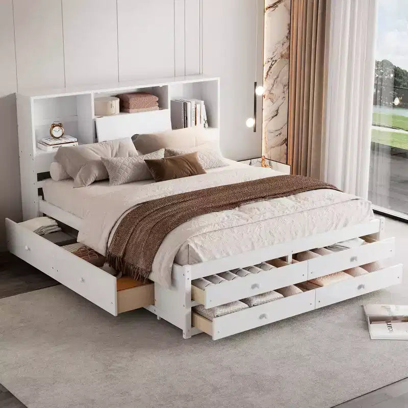 Kieferbettgestell für Queen-/Kingsize-Betten mit Stauraumkopfteil und 8 Schubladen