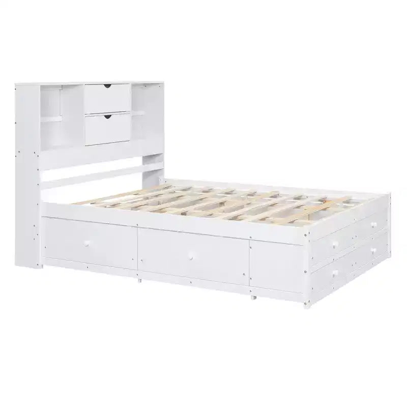 Kieferbettgestell für Queen-/Kingsize-Betten mit Stauraumkopfteil und 8 Schubladen