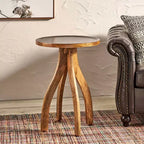 Eleganter Boho Mangoholz-Beistelltisch, kurvige Tischplatte in Erdtönen, Ablagetisch für das Wohnzimmer