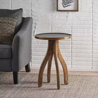 Eleganter Boho Mangoholz-Beistelltisch, kurvige Tischplatte in Erdtönen, Ablagetisch für das Wohnzimmer