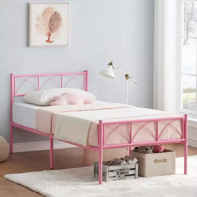 14 Zoll Einzelbettrahmen mit Kopf-/Fußteil, rosa Plattformbett mit Stauraum unter dem Bett