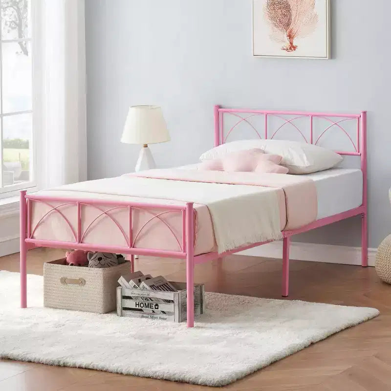 14 Zoll Einzelbettrahmen mit Kopf-/Fußteil, rosa Plattformbett mit Stauraum unter dem Bett