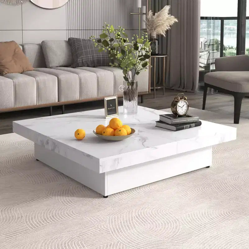 Moderner 2-stöckiger Couchtisch mit Rollen, quadratischer Cocktailtisch mit abnehmbarem Tablett, UV-Hochglanz-Marmordesign-Beistelltisch für das Wohnzimmer