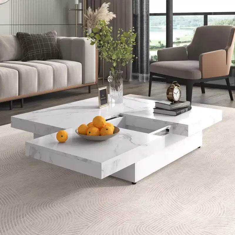 Moderner 2-stöckiger Couchtisch mit Rollen, quadratischer Cocktailtisch mit abnehmbarem Tablett, UV-Hochglanz-Marmordesign-Beistelltisch für das Wohnzimmer