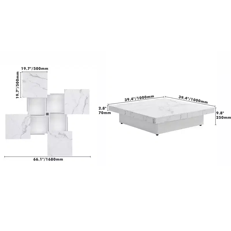Moderner 2-stöckiger Couchtisch mit Rollen, quadratischer Cocktailtisch mit abnehmbarem Tablett, UV-Hochglanz-Marmordesign-Beistelltisch für das Wohnzimmer