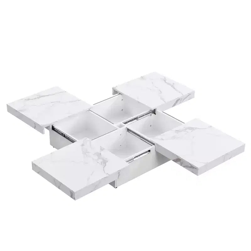 Moderner 2-stöckiger Couchtisch mit Rollen, quadratischer Cocktailtisch mit abnehmbarem Tablett, UV-Hochglanz-Marmordesign-Beistelltisch für das Wohnzimmer
