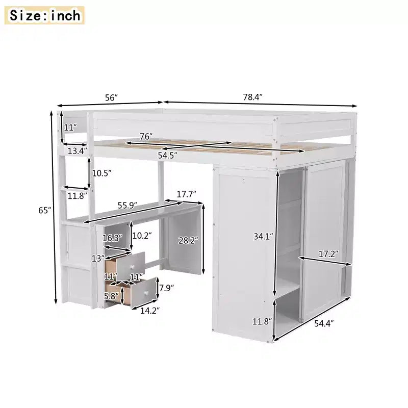  Hochbett mit Kleiderschränken und Schreibtisch mit 2 Schubladen und Schrank