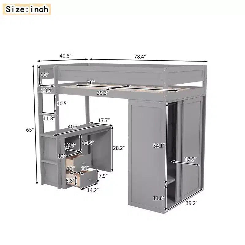  Hochbett mit Kleiderschränken und Schreibtisch mit 2 Schubladen und Schrank