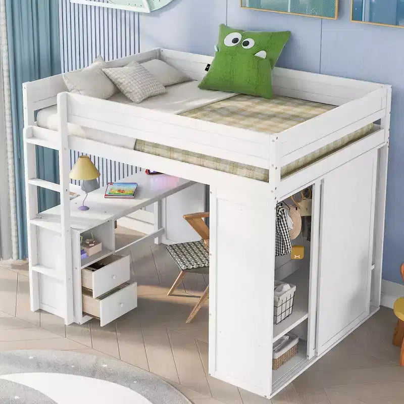  Hochbett mit Kleiderschränken und Schreibtisch mit 2 Schubladen und Schrank
