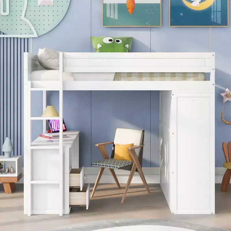  Hochbett mit Kleiderschränken und Schreibtisch mit 2 Schubladen und Schrank