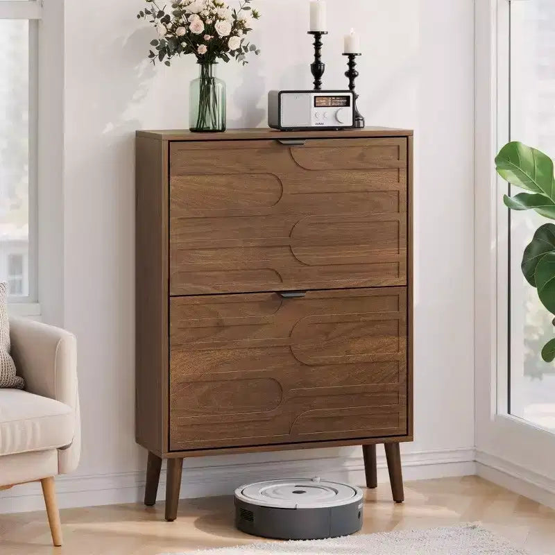 Nussbaum Schuhschrank, Bauernhaus Modern Schuhregal mit Klappschubladen, verstellbaren Einlegeböden und Kippschutz, 80 cm/60 cm