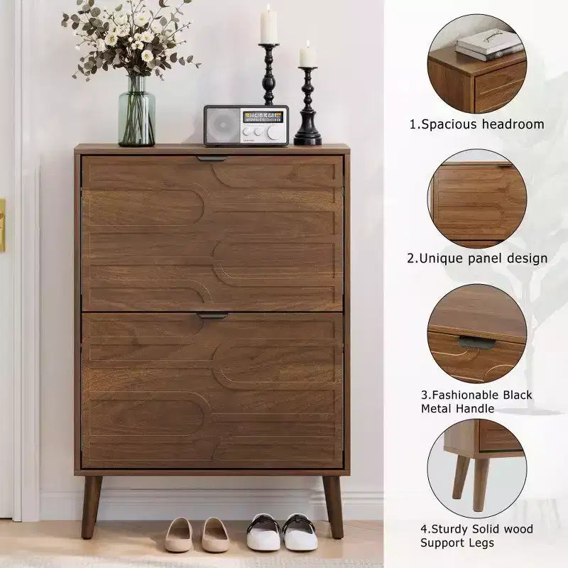 Nussbaum Schuhschrank, Bauernhaus Modern Schuhregal mit Klappschubladen, verstellbaren Einlegeböden und Kippschutz, 80 cm/60 cm