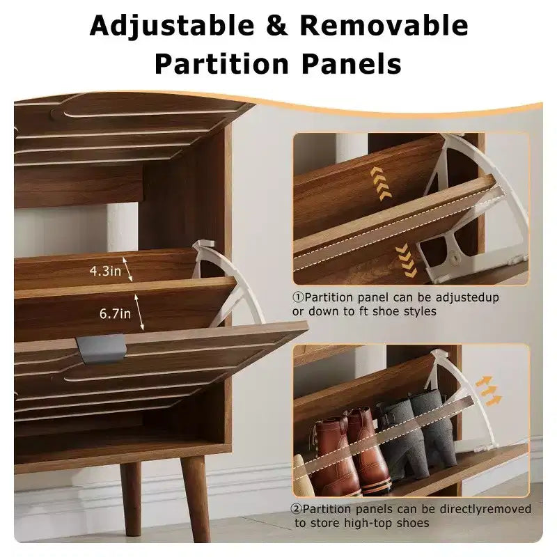 Nussbaum Schuhschrank, Bauernhaus Modern Schuhregal mit Klappschubladen, verstellbaren Einlegeböden und Kippschutz, 80 cm/60 cm