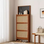 Walnuss-Rattan-Schuhschrank mit 3 Klappschubladen & Lochplatte, 65 Schmaler Eingangsschrank mit Kippschutz