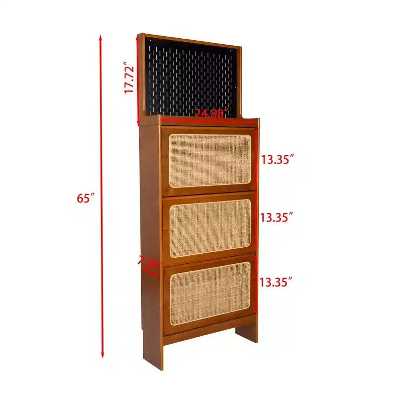 Walnuss-Rattan-Schuhschrank mit 3 Klappschubladen & Lochplatte, 65 Schmaler Eingangsschrank mit Kippschutz