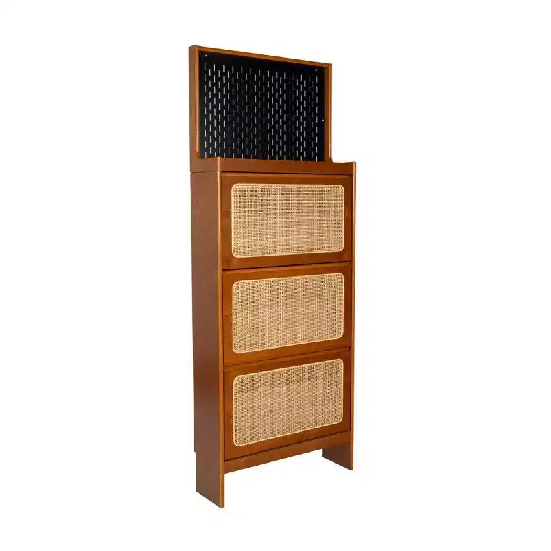 Walnuss-Rattan-Schuhschrank mit 3 Klappschubladen & Lochplatte, 65 Schmaler Eingangsschrank mit Kippschutz