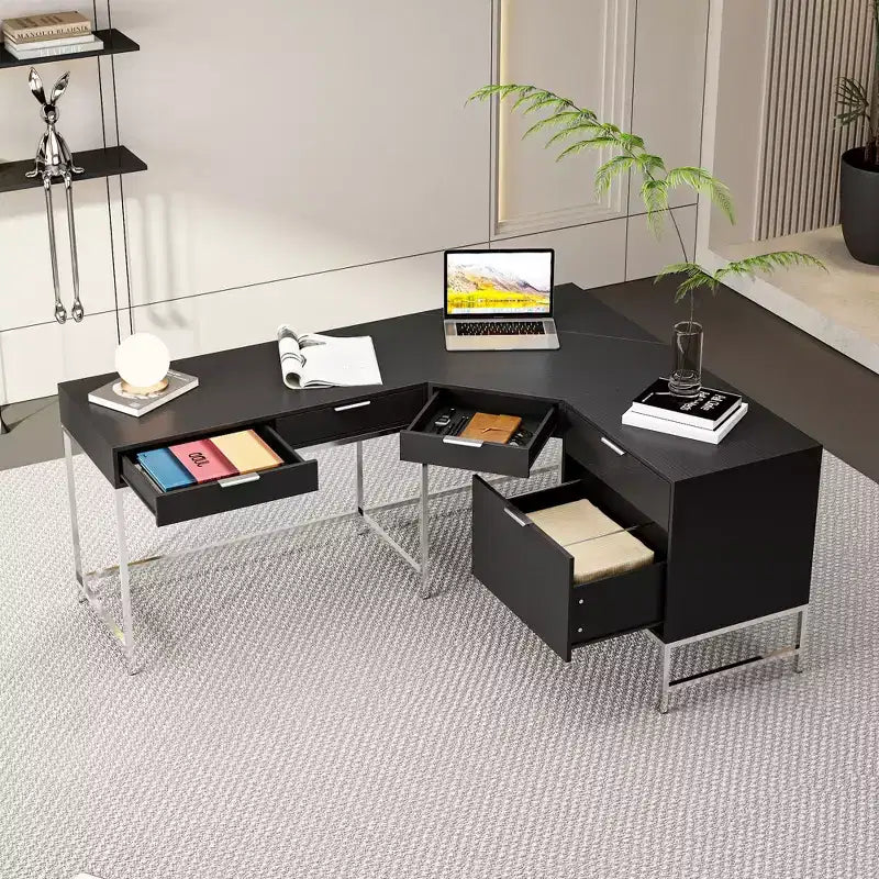 L-förmiger Büroschreibtisch, Heim-/Gewerbearbeitsplatz, Metallrahmen + 5 Schubladen + 68 kg Tragfähigkeit, Eckschreibtisch