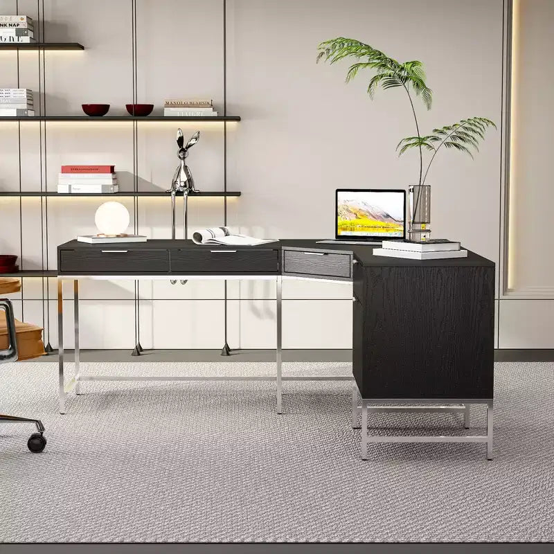 L-förmiger Büroschreibtisch, Heim-/Gewerbearbeitsplatz, Metallrahmen + 5 Schubladen + 68 kg Tragfähigkeit, Eckschreibtisch