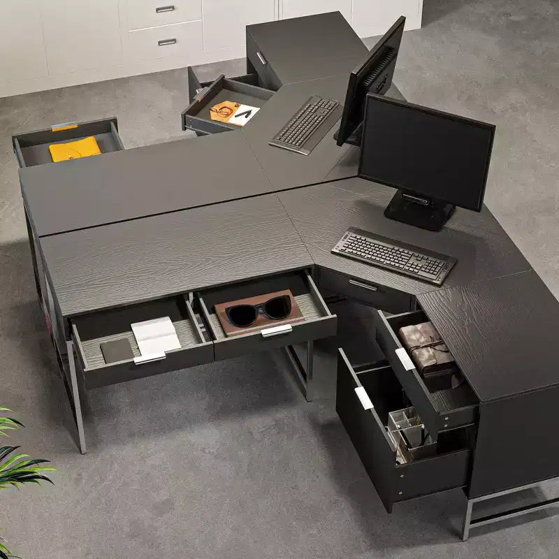 L-förmiger Büroschreibtisch, Heim-/Gewerbearbeitsplatz, Metallrahmen + 5 Schubladen + 68 kg Tragfähigkeit, Eckschreibtisch